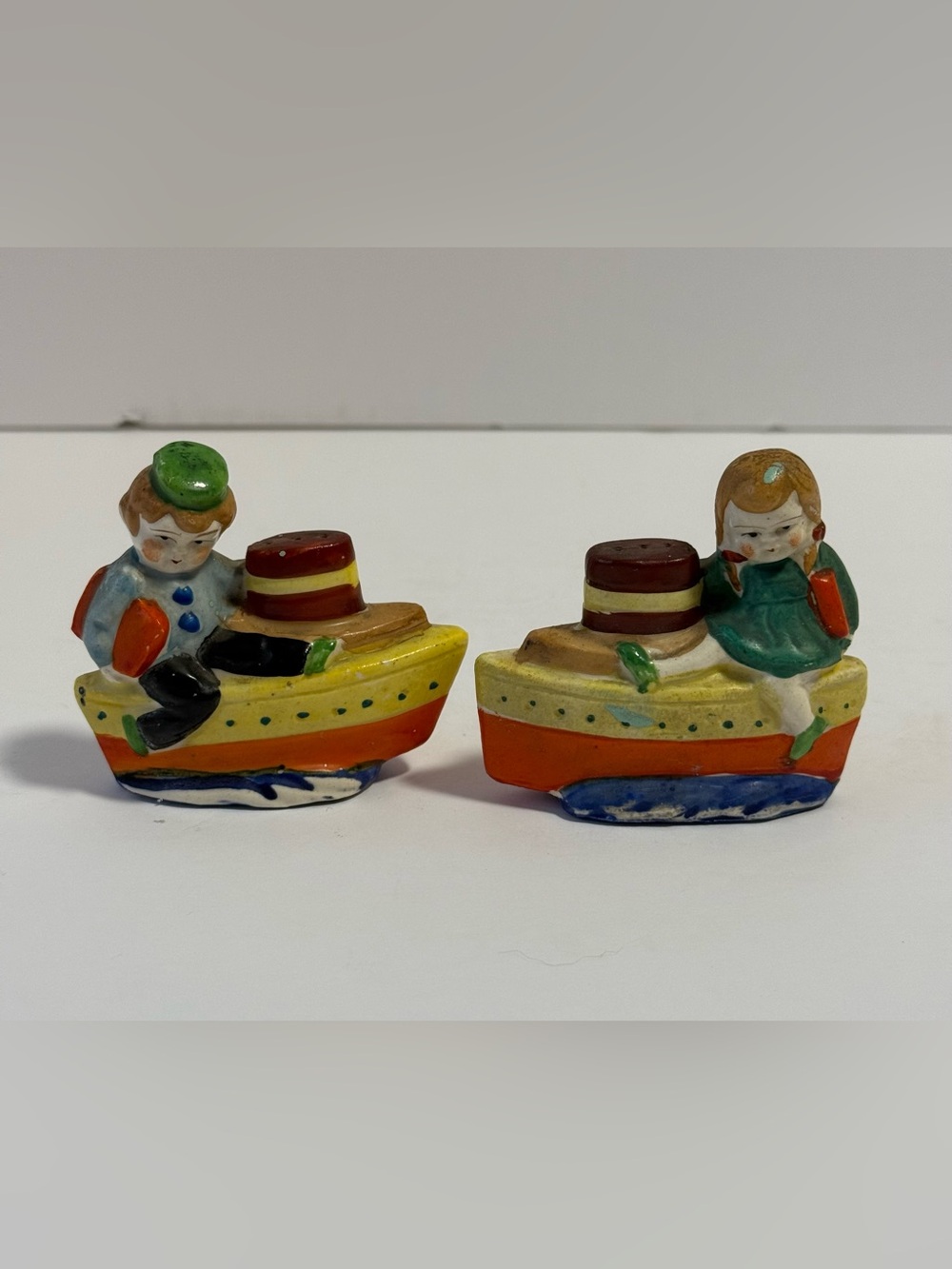 Vintage Hand Painted Japan Boy Girl Boat Salt & Pepper Shakers Set